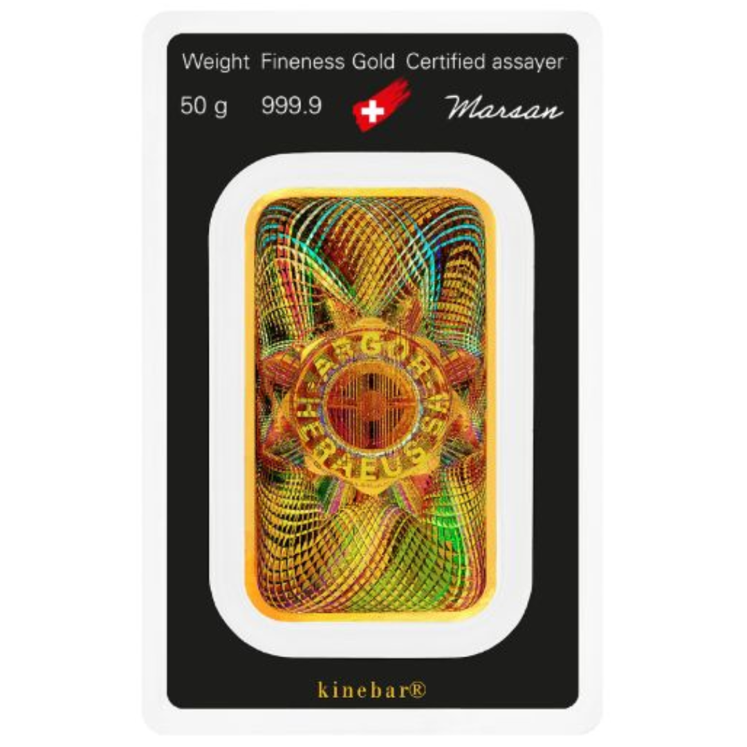 GerettiGold-50g-aukso-luitas-argor-heraeus-galas 50 g. Investicinis aukso luitas Argor-Heraeus Kinebar AH950